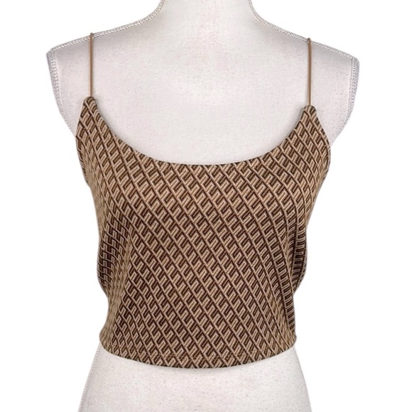 Elodie Tops - Elodie Brown & Tan Geometric 70's 90's Y2K Cropped Spaghetti Strap Top Size S